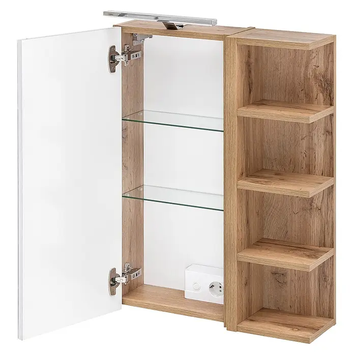Schildmeyer LED-Spiegelschrank Matteo - B x H: 503 x 744 mm, Holz, Eiche Landhaus - Badezimmerschrank aus hellem Holz mit weißer Tür, Glasablagen, integrierter Steckdose und offenen Seitenregalen.