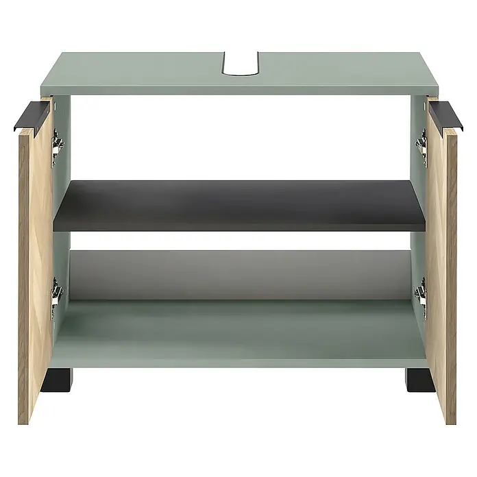 Schildmeyer Waschbeckenunterschrank Piazza - B x T x H: 651 x 330 x 536 mm, Pistazie/Eiche Chevron - Hellgrüner Badschrank mit offenen Holztüren, schwarzen Griffen, zwei Einlegeböden und einer Waschtischöffnung.