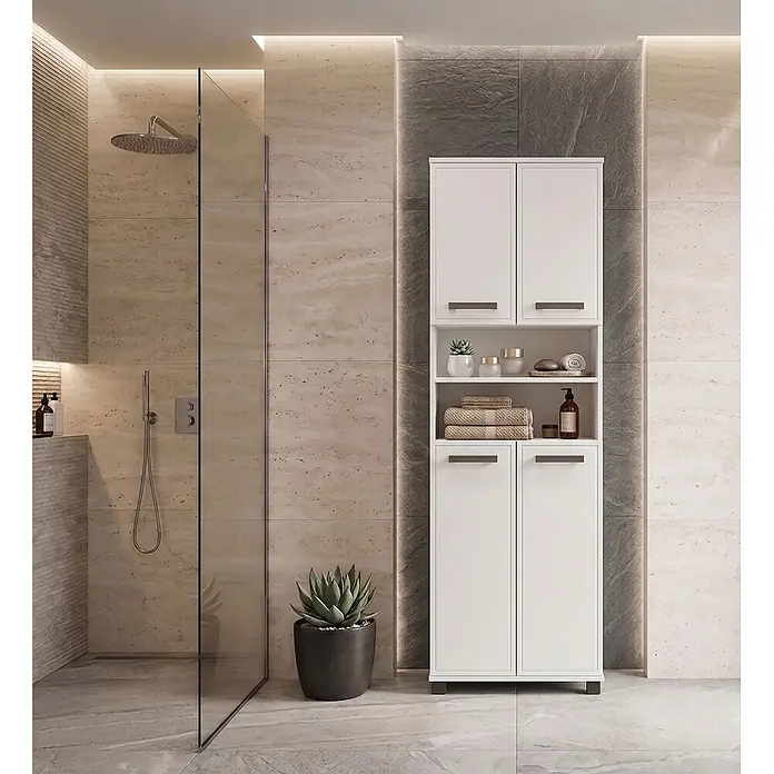 Schildmeyer Hochschrank Adana - B x T x H: 598 x 326 x 1.809 mm, Mattweiß/Weiß glanz - Hoher weißer Badschrank mit offenen Regalen und geschlossenen Fächern, im modernen Design.