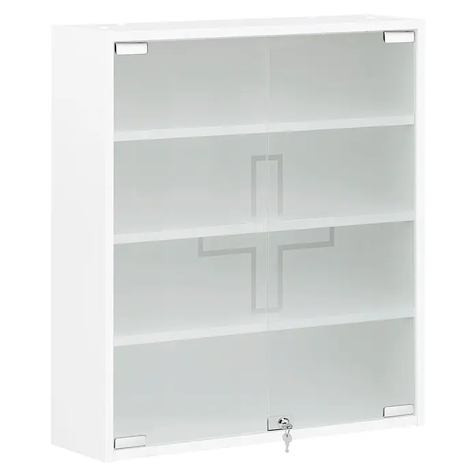 Schildmeyer Bjarne Medizinschrank - B x H: 64,2 x 71,4 cm, Holz, Mattweiß - Weißer Schrank mit Glasschiebetüren, Einlegeböden und einem Schloss mit Schlüssel.