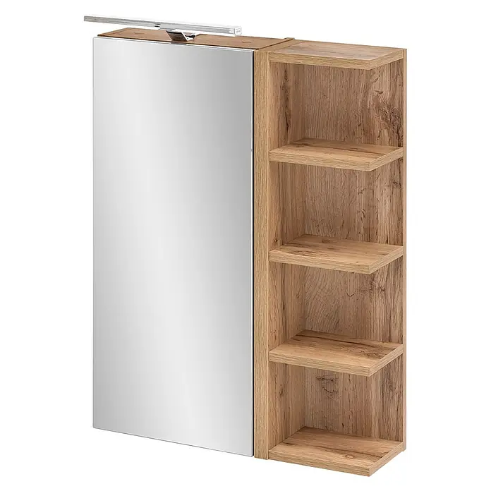 Schildmeyer LED-Spiegelschrank Matteo - B x H: 503 x 744 mm, Holz, Eiche Landhaus - Spiegelschrank in heller Eichenoptik mit integrierter Beleuchtung und vier offenen Seitenregalen.