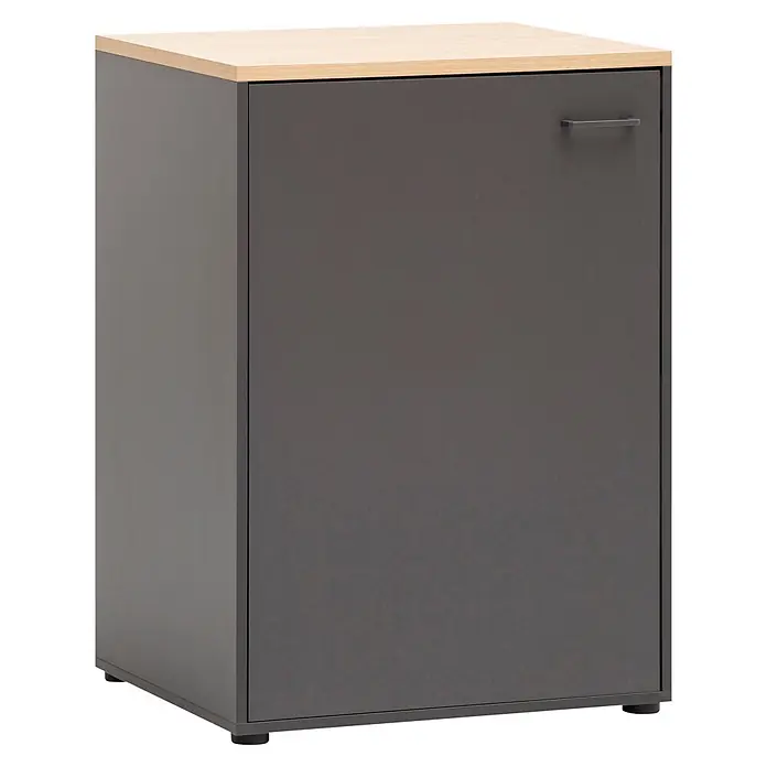 Schildmeyer Holz-Mehrzweckschrank Solea - 1 Tür, Anthrazit - Dunkelgrauer Schrank mit heller Holzplatte und einer Tür mit Griff, auf kleinen Füßen stehend.