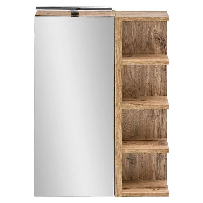 Schildmeyer LED-Spiegelschrank Matteo - B x H: 503 x 744 mm, Holz, Eiche Landhaus - Holzspiegelkabinett mit Spiegeltür und offenen Regalen auf der rechten Seite.