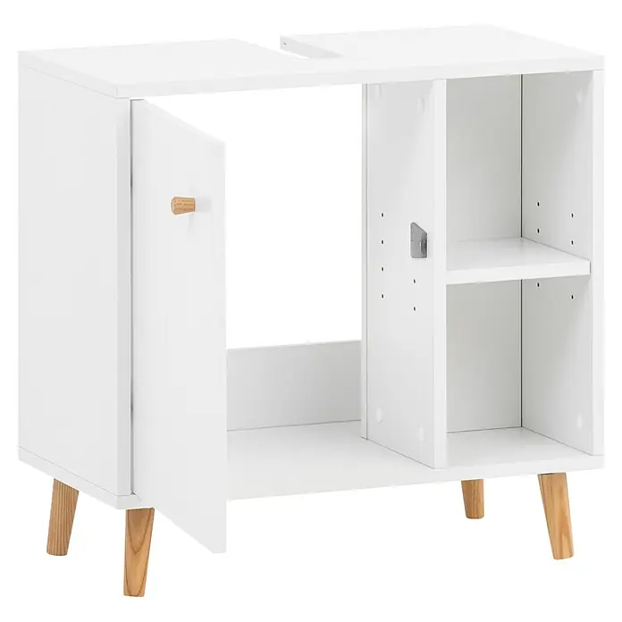 Schildmeyer Bjarne Waschbeckenunterschrank - Farbe: Mattweiß, B x T x H: 60,2 x 33,05 x 59,3 cm - Weißer Badunterschrank mit Holzbeinen, offener Tür, Holzknauf, offenem Regalfach mit verstellbarer Ablage und Waschtisch-Ausschnitt oben.