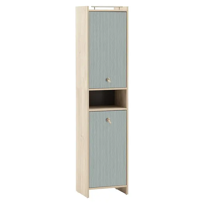 Schildmeyer Hochschrank Sonderby - B x T x H: 402 x 330 x 1.765 mm, Weißeiche/Eiche blau gestreift - Hoher Schrank aus hellem Holz mit zwei hellblauen geriffelten Türen, offenem Fach und Seilgriffen. Oben eine Metallstange.
