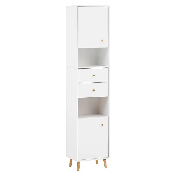 Schildmeyer Bjarne Hochschrank - B x T x H: 40,3 x 33,05 x 180,6 cm, Mattweiß - Weißer hoher Schrank mit zwei Türen, zwei Schubladen, zwei offenen Fächern und hellen Holzbeinen und -knäufen.