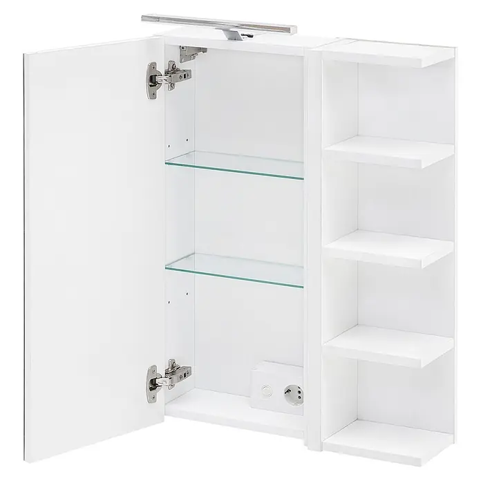 Schildmeyer LED-Spiegelschrank Matteo - B x H: 503 x 744 mm, Holz, Kreideweiß - Weißer Badezimmerschrank mit offener Tür, Glasböden, seitlichen Regalen, integrierter Beleuchtung und Steckdose.