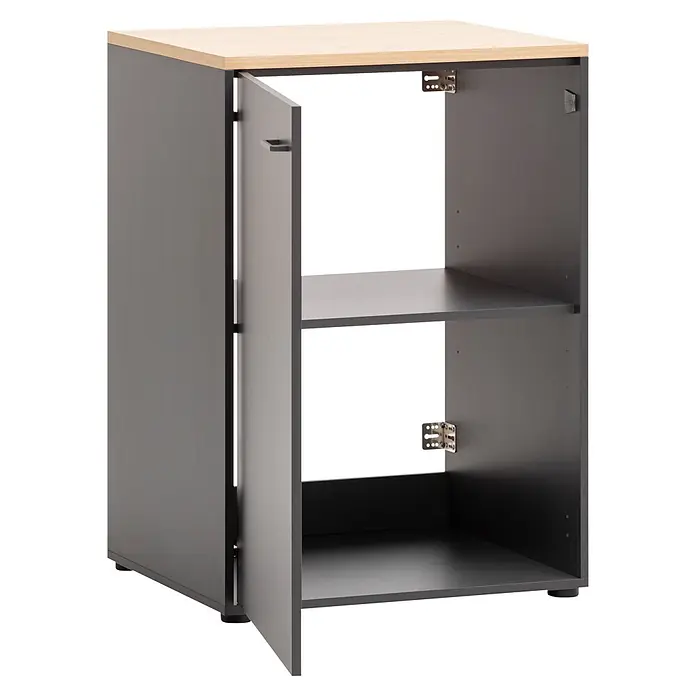 Schildmeyer Holz-Mehrzweckschrank Solea - 1 Tür, Anthrazit - Dunkelgrauer Schrank mit heller Holzplatte, offener Tür und verstellbarem Regal.