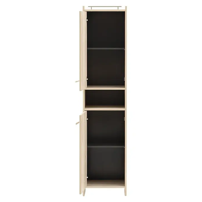 Schildmeyer Hochschrank Sonderby - B x T x H: 402 x 330 x 1.765 mm, Weißeiche/Eiche gestreift - Schrank in heller Holzoptik mit dunklen Regalböden, Metallreling oben und teilweise geöffneten Türen mit Seilgriffen.