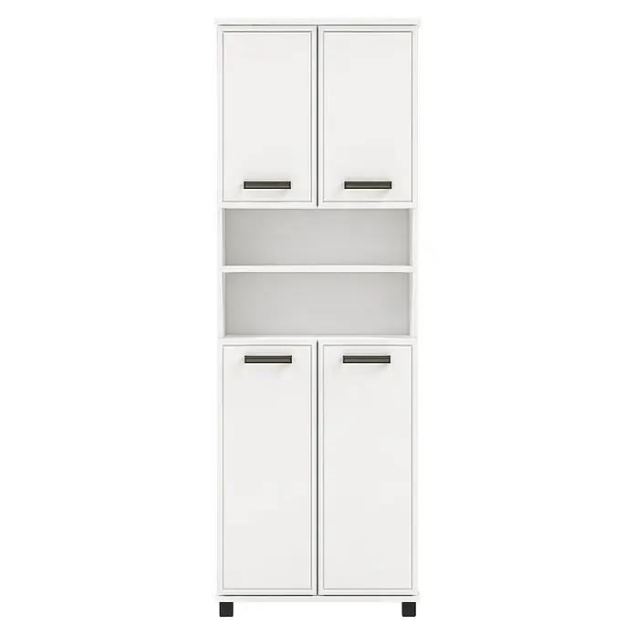 Schildmeyer Hochschrank Adana - B x T x H: 598 x 326 x 1.809 mm, Mattweiß/Weiß glanz - Weißer Lagerschrank mit vier Türen, zwei offenen Regalen, dunklen Griffen und schwarzen Füßen.