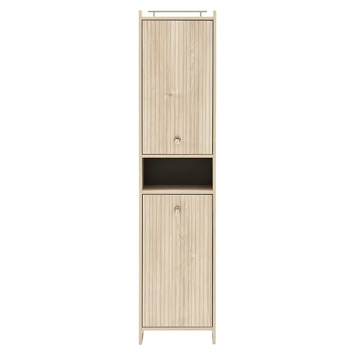 Schildmeyer Hochschrank Sonderby - B x T x H: 402 x 330 x 1.765 mm, Weißeiche/Eiche gestreift - Heller Holzschuhschrank mit zwei Klappfächern, offenem Regal, Seilgriffen und oberer Reling.