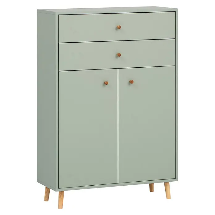 Schildmeyer Bjarne Highboard - B x T x H: 77 x 33,05 x 113,4 cm, Pistazie - Hellgrüner Schuhschrank mit zwei Schubladen und zwei Türen, mit Holzknöpfen und konischen Holzbeinen.