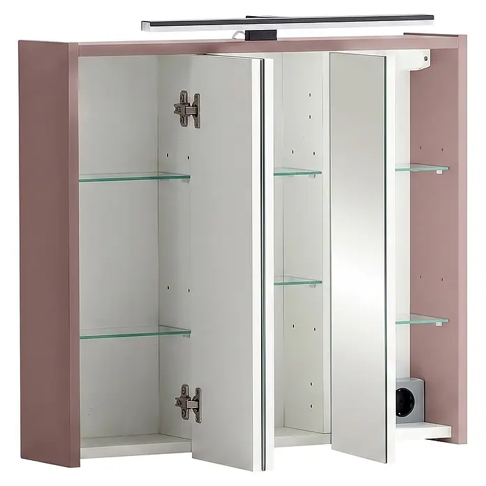 Schildmeyer LED-Spiegelschrank Pandora - B x H: 650 x 627 mm, Mauve - Zweitüriger Badezimmerspiegelschrank mit integrierter Beleuchtung, Glasböden und Steckdose. Mit taupefarbenen Seiten und weißem Innenraum.