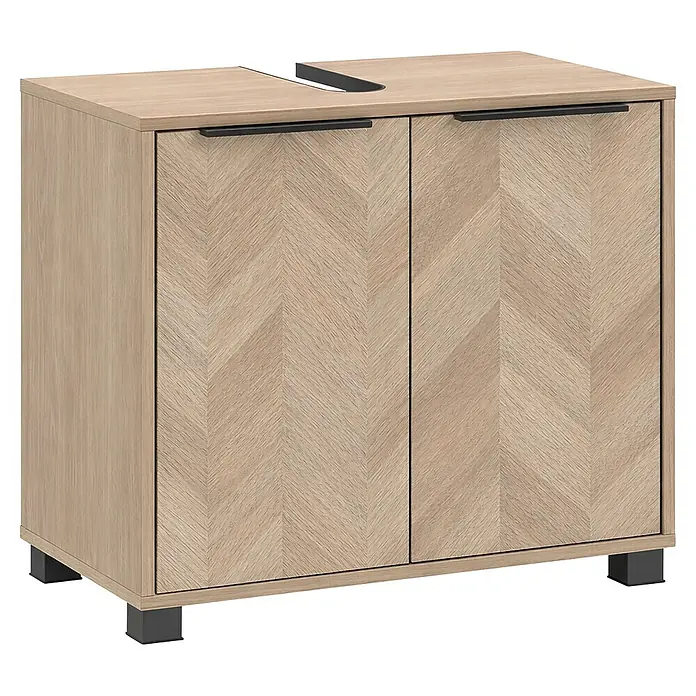 Schildmeyer Waschbeckenunterschrank Piazza - B x T x H: 651 x 330 x 536 mm, Eiche Hell/Eiche Chevron - Heller Waschtischunterschrank aus Holz mit Fischgrätmuster auf den Türen, schwarzen Griffen und einem Ausschnitt für ein Waschbecken.