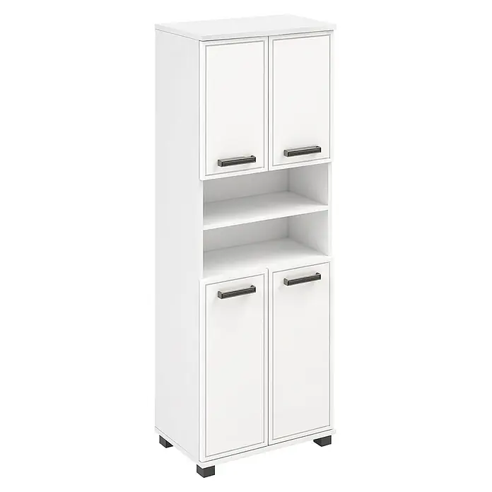 Schildmeyer Hochschrank Adana - B x T x H: 598 x 326 x 1.809 mm, Mattweiß/Weiß glanz - Hoher weißer Aufbewahrungsschrank mit zwei oberen und zwei unteren Türen, zwei offenen Regalen, dunklen Griffen und Füßen.