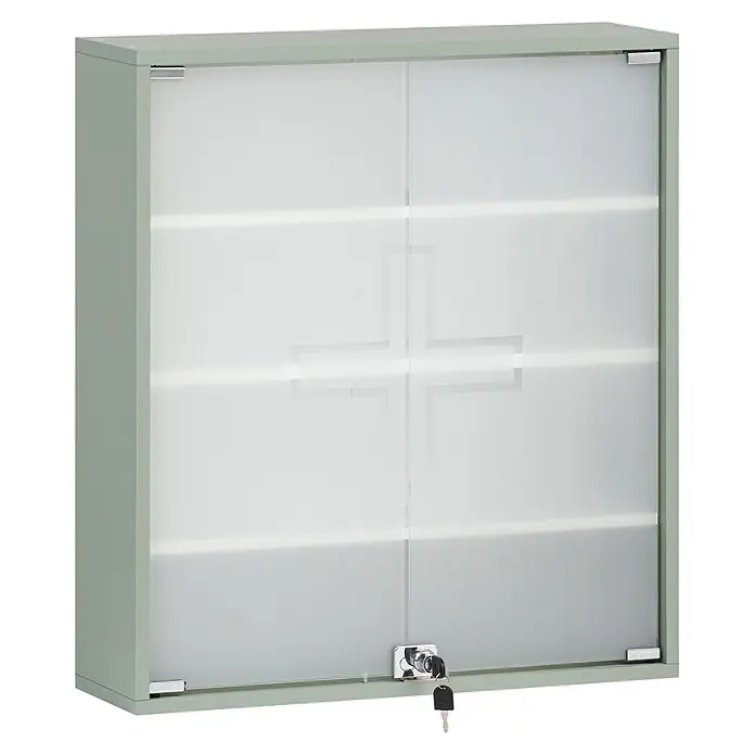 Schildmeyer Bjarne Medizinschrank - B x H: 64,2 x 71,4 cm, Holz, Pistazie - Hellgrüner Medikamentenschrank aus Metall mit mattierten Glasschiebetüren, Kreuz-Symbol und Schloss mit Schlüsseln.