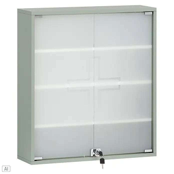 Schildmeyer Bjarne Medizinschrank - B x H: 64,2 x 71,4 cm, Holz, Pistazie - Hellgrüner Medikamentenschrank aus Metall mit mattierten Glasschiebetüren, Kreuz-Symbol und Schloss mit Schlüsseln.
