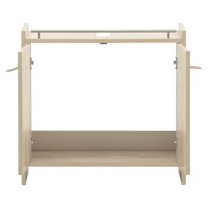 Schildmeyer Waschbeckenunterschrank Sonderby - B x T x H: 650 x 330 x 626 mm, Weißeiche/Eiche gestreift - Offener Schrank aus hellem Holz mit Metallstange oben und Seilgriffen.