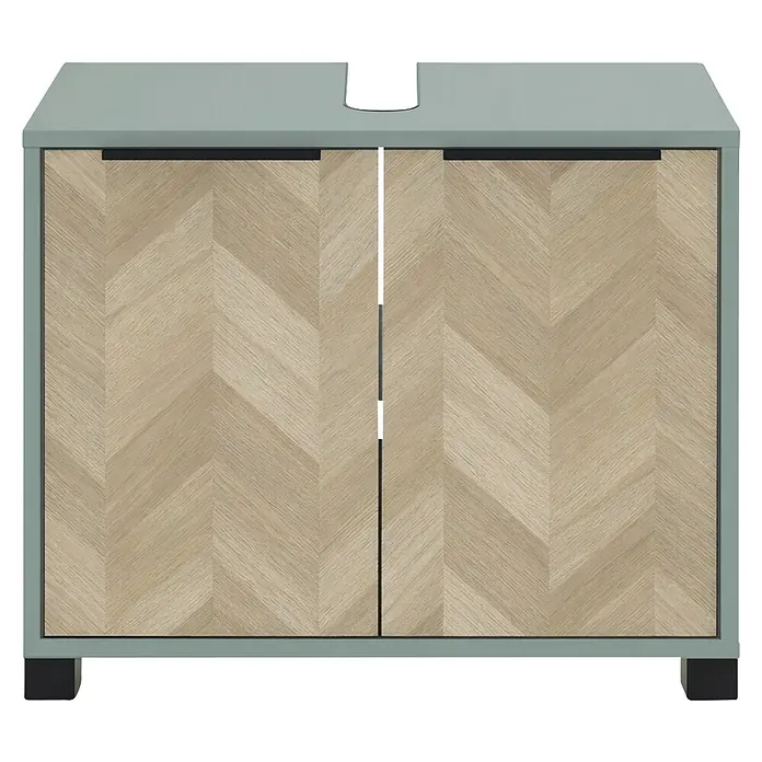 Schildmeyer Waschbeckenunterschrank Piazza - B x T x H: 651 x 330 x 536 mm, Pistazie/Eiche Chevron - Hellgrauer Waschbeckenunterschrank mit hellen Holz-Fischgrät-Türen, schwarzen Füßen und Waschtischausschnitt.