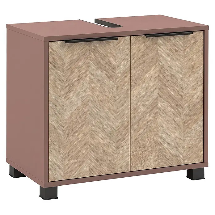 Schildmeyer Waschbeckenunterschrank Piazza - B x T x H: 651 x 330 x 536 mm, Mauve/Eiche Chevron - Brauner Waschtischunterschrank mit Fischgrät-Holztüren und Waschbeckenausschnitt.