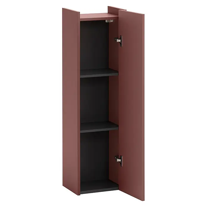 Schildmeyer Highboard Avio - B x T x H: 302 mm x 234 cm x 1.061 mm, Mauve - Hoher, schmaler rotbrauner Schrank mit offener Tür, drei dunklen Einlegeböden und schwarzer Rückwand.