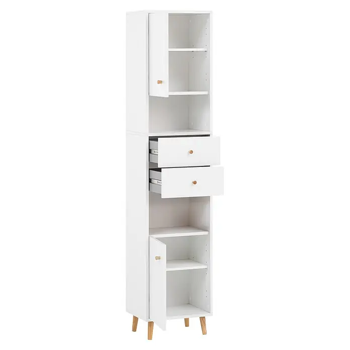 Schildmeyer Bjarne Hochschrank - B x T x H: 40,3 x 33,05 x 180,6 cm, Mattweiß - Hoher weißer Stauraumschrank mit offenen Regalen, zwei teilweise geöffneten Schubladen mit Holzgriffen und einem Unterschrank mit Holzbeinen.
