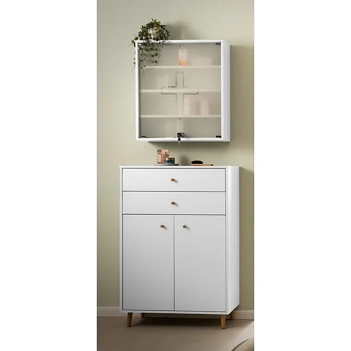 Schildmeyer Bjarne Highboard - B x T x H: 77 x 33,05 x 113,4 cm, Mattweiß - Weißer Aufbewahrungsschrank mit drei Schubladen und zwei Türen, kombiniert mit einem Wandschrank mit satinierten Glasschiebetüren.