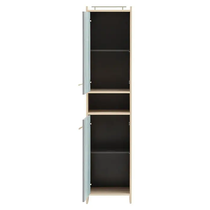 Schildmeyer Hochschrank Sonderby - B x T x H: 402 x 330 x 1.765 mm, Weißeiche/Eiche blau gestreift - Hoher Schrank mit hellem Holzrahmen, grauen Türen, Seilgriffen, schwarzem Innenraum, mehreren Einlegeböden und einer oberen Schiene.