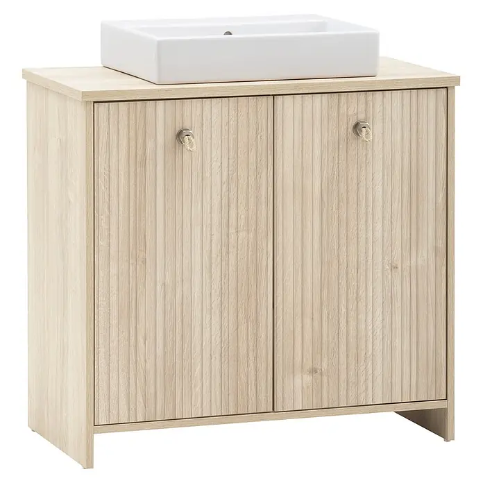 Schildmeyer Waschtisch mit Unterschrank Sonderby - Breite: 832 mm, Weißeiche/Eiche gestreift - Waschtischunterschrank aus hellem Holz mit zwei strukturierten Türen und rechteckigem weißen Keramikwaschbecken.
