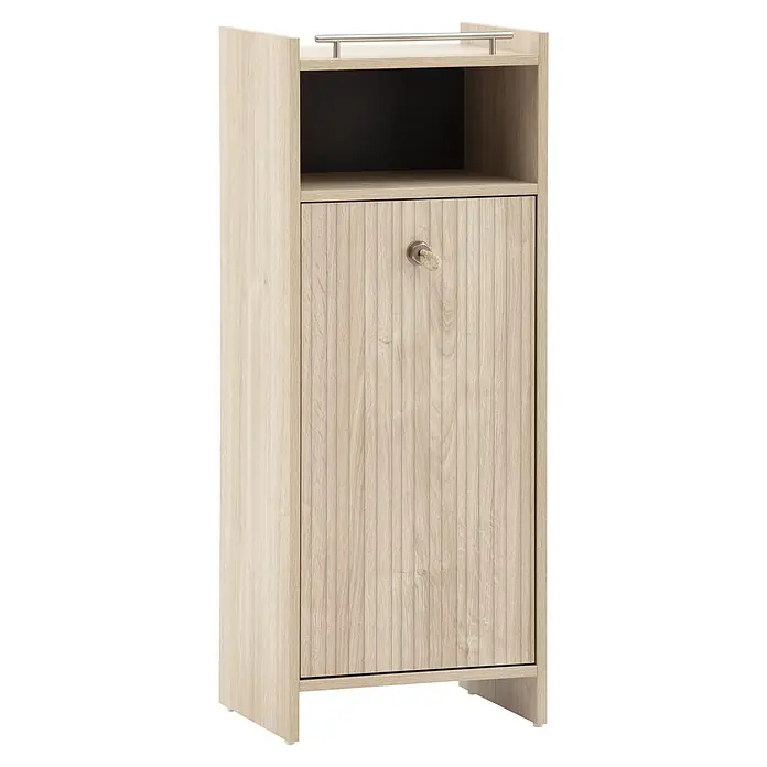 Schildmeyer Highboard Sonderby - B x T x H: 402 x 330 x 1.042 mm, Weißeiche/Eiche gestreift - Helles Holzschränkchen mit offenem Fach, geriffelter Tür, Metallknauf mit Seil und Metallreling oben.