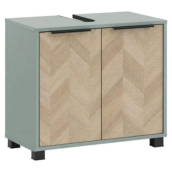 Schildmeyer Waschbeckenunterschrank Piazza - B x T x H: 651 x 330 x 536 mm, Pistazie/Eiche Chevron - Hellgrüner Waschtischunterschrank mit zwei Türen in Fischgrätmuster-Holzoptik, schwarzen Griffen und Aussparung für ein Waschbecken.