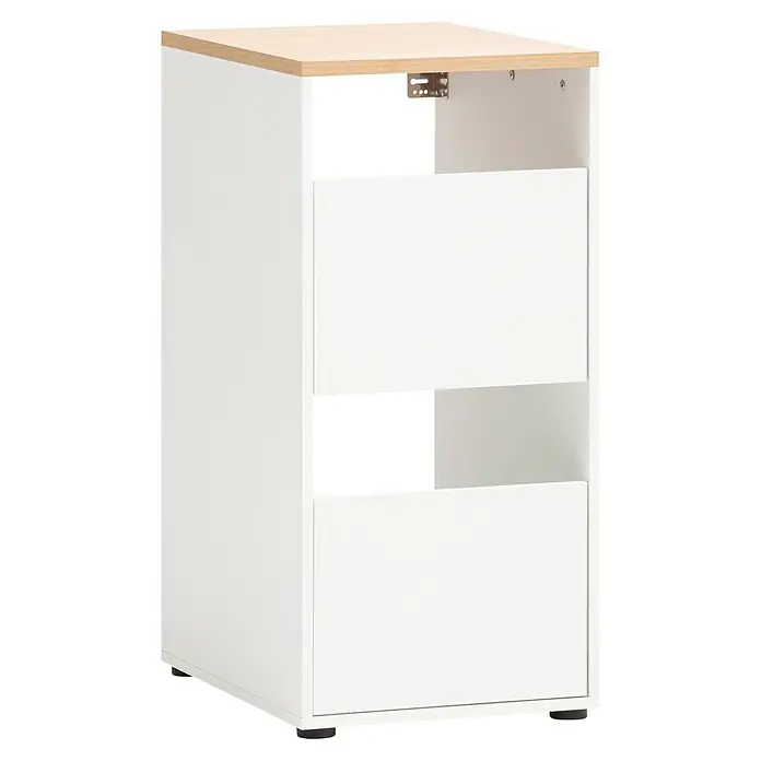 Schildmeyer Wäscheschrank Solea - Mattweiß, B x T x H: 451 x 600 x 958 mm - Weißer Beistellschrank mit heller Holzplatte, zwei geschlossenen Fächern und einer offenen Ablage.