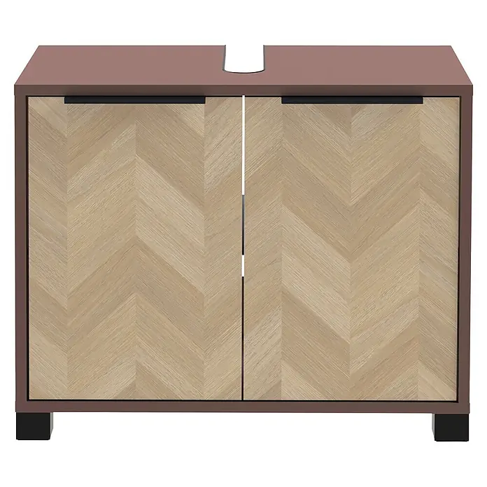 Schildmeyer Waschbeckenunterschrank Piazza - B x T x H: 651 x 330 x 536 mm, Mauve/Eiche Chevron - Brauner Badunterschrank mit hellen Holz-Fischgrätentüren und dunklen Füßen, mit Aussparung für ein Waschbecken.