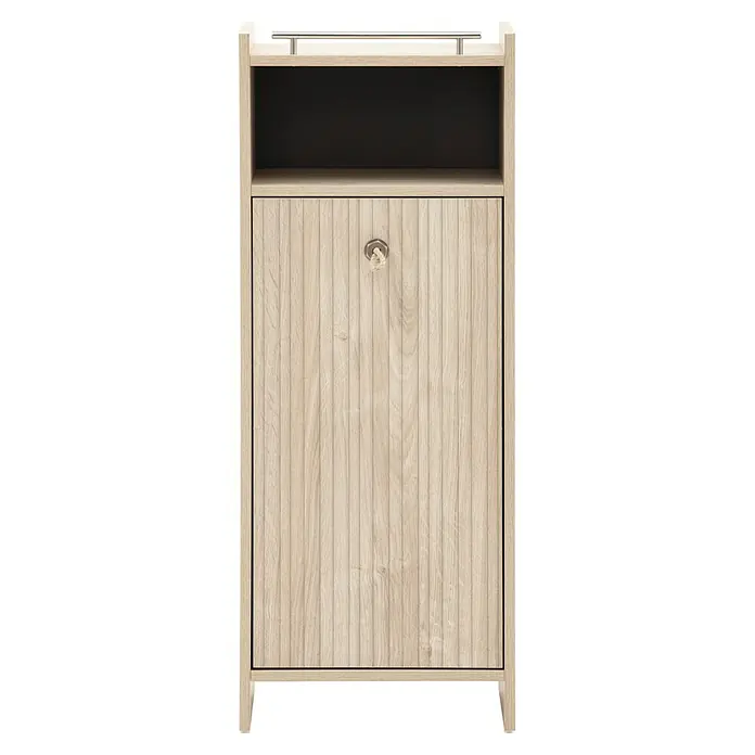 Schildmeyer Highboard Sonderby - B x T x H: 402 x 330 x 1.042 mm, Weißeiche/Eiche gestreift - Heller Holzschrank mit Lamellentür, silbernem Griff mit Seil, offenem Fach und silberner Reling.
