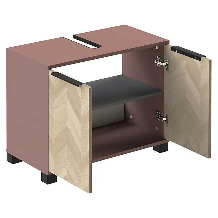 Schildmeyer Waschbeckenunterschrank Piazza - B x T x H: 651 x 330 x 536 mm, Mauve/Eiche Chevron - Mauve Waschtischunterschrank mit zwei offenen Türen in hellem Fischgrätmuster-Holz, dunkler Ablage, schwarzen Griffen und Füßen.