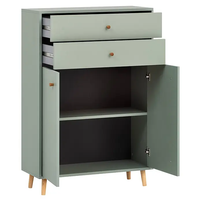 Schildmeyer Bjarne Highboard - B x T x H: 77 x 33,05 x 113,4 cm, Pistazie - Hellgrüner Schrank mit zwei geöffneten Schubladen, zwei offenen Türen, einem Regal und Holzknöpfen und -beinen.
