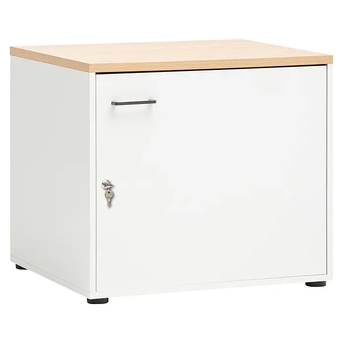 Schildmeyer Holz-Mehrzweckschrank Solea - 1 Tür, Mattweiß - Weißer Schrank mit heller Holzoptik-Oberfläche, dunklem Griff und Schlüssel im Schloss.
