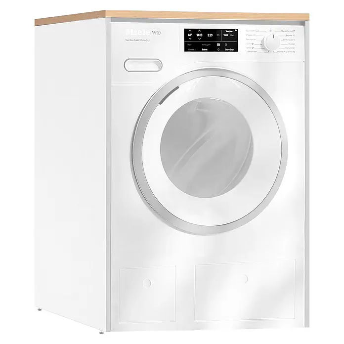 Schildmeyer Waschmaschinenschrank Solea - Mattweiß - Weiße Miele Frontlader-Waschmaschine mit Digitalanzeige, Drehknopf und heller Holz-Deckplatte.