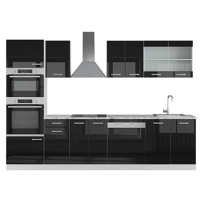 Vicco Küchenzeile R-Line Schwarz Hochglanz/Weiß mit Hochschrank, ohne Arbeitsplatte - Breite: 300 cm, Schwarz Hochglanz, Ohne Elektrogeräte - Moderne schwarz glänzende Einbauküche mit weißer Marmor-Arbeitsplatte, integrierten Edelstahlgeräten (Öfen, Kochfeld, Geschirrspüler), Spüle und Dunstabzugshaube.