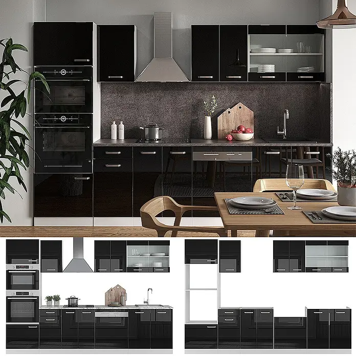 Vicco Küchenzeile R-Line Schwarz Hochglanz/Weiß mit Hochschrank, ohne Arbeitsplatte - Schwarz Hochglanz, Ohne Elektrogeräte - Schwarze hochglänzende modulare Küche mit integrierten Geräten und verschiedenen Schranktypen in einer modernen Küche.
