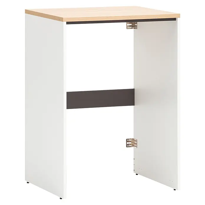 Schildmeyer Waschmaschinenschrank Solea - Mattweiß - Weißer Schrankrahmen, helle Holzplatte, dunkelgraue Stützstange, teilweise montiert.