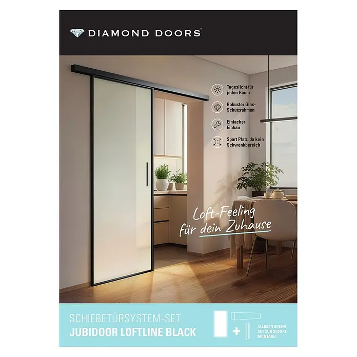 Diamond Doors Black Edition Schiebetür-Komplettset Jubidoor Loftline Black - 935 x 2.058 mm, Einscheibensicherheitsglas (ESG) - Schwarz gerahmtes Glas-Schiebetürsystem JUBIDOOR LOFTLINE BLACK in einem Zuhause, das Räume trennt und Licht durchlässt.