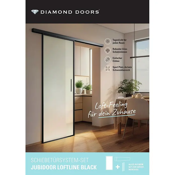 Diamond Doors Black Edition Schiebetür-Komplettset Jubidoor Loftline Black - 935 x 2.058 mm, Einscheibensicherheitsglas (ESG) - Schwarz gerahmtes Glas-Schiebetürsystem JUBIDOOR LOFTLINE BLACK in einem Zuhause, das Räume trennt und Licht durchlässt.