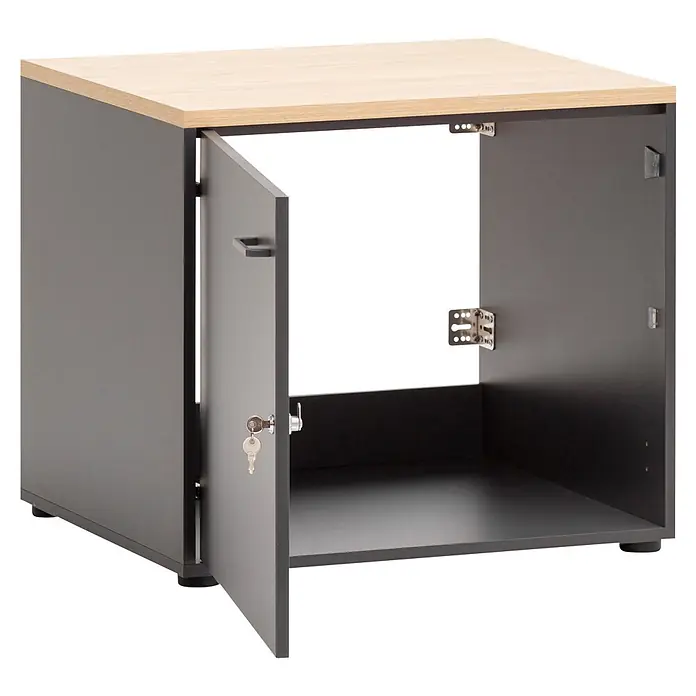 Schildmeyer Holz-Mehrzweckschrank Solea - 1 Tür, Anthrazit - Anthrazitfarbener Schrank mit heller Holzplatte und offener Tür, Innenausstattung und Schlüssel sichtbar.