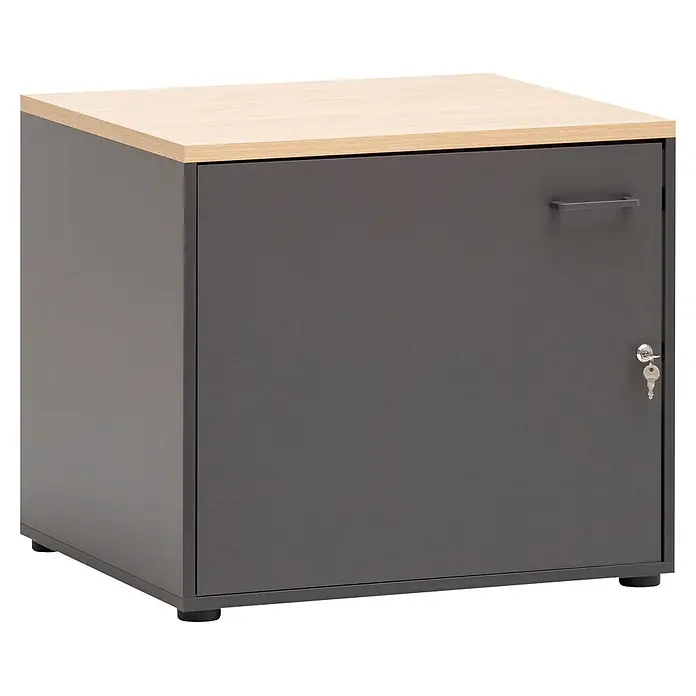Schildmeyer Holz-Mehrzweckschrank Solea - 1 Tür, Anthrazit - Dunkelgrauer Würfelschrank mit heller Holzoptik-Platte, Griff und Schlüssel-Schloss, auf schwarzen Füßen.