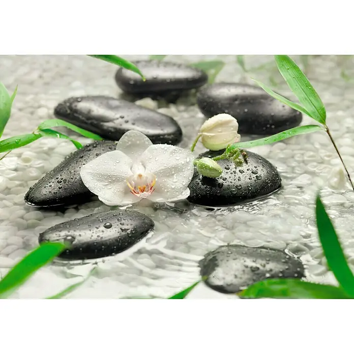 Komar Fototapete Pure - 8 -tlg., B x H: 368 x 254 cm, Papier - Elegante Nahaufnahme von nassen schwarzen Steinen, weißer Orchidee und Bambusblättern, die eine ruhige Zen-Garten-Atmosphäre vermitteln.