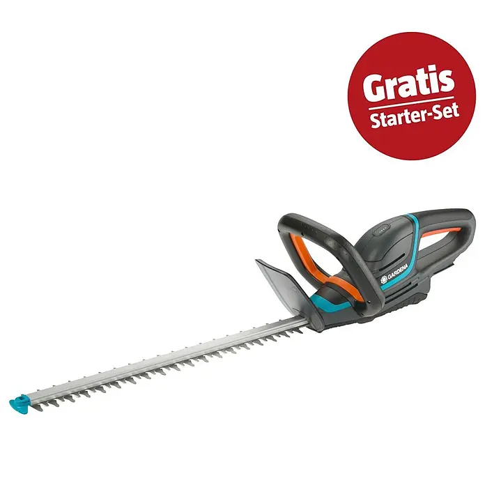 Gardena Power for All 18V Maschinenpaket - Akku-Heckenschere ComfortCut 50, 18V, 2,5 Ah Akku & Ladegerät - Gardena Heckenschere in Grau mit orangefarbenen und blauen Akzenten, mit langem Schneideblatt und "Gratis Starter-Set" Aufkleber.