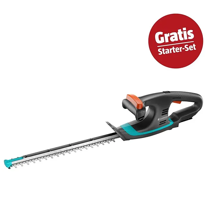 Gardena Power for All 18V Maschinenpaket - Akku-Heckenschere EasyCut, 18V, 2,5 Ah Akku & Ladegerät - Schwarze Gardena Heckenschere mit türkisen und orangen Akzenten und langer Klinge, mit 'Gratis Starter-Set' Aufkleber.