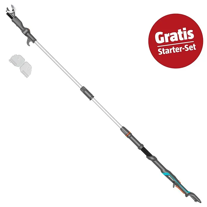 Gardena Power for All 18V Maschinenpaket - Baumschere HighCut, 18V, 2,5 Ah Akku & Ladegerät - Graue, ausziehbare Teleskop-Astschere mit orangefarbenen und blauen Akzenten, inklusive "Gratis Starter-Set" Abzeichen.