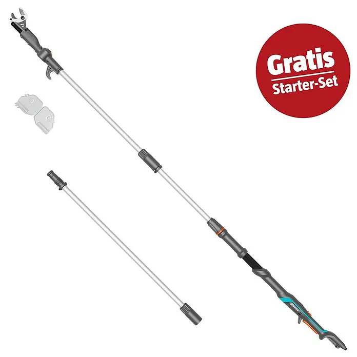 Gardena Power for All 18V Maschinenpaket - Baumschere HighCut, 18V, 2,5 Ah Akku & Ladegerät - Ausziehbare Astschere in Grau, Schwarz, Orange, Türkis, mit Verlängerungsstange und 'Gratis Starter-Set' Aufkleber.